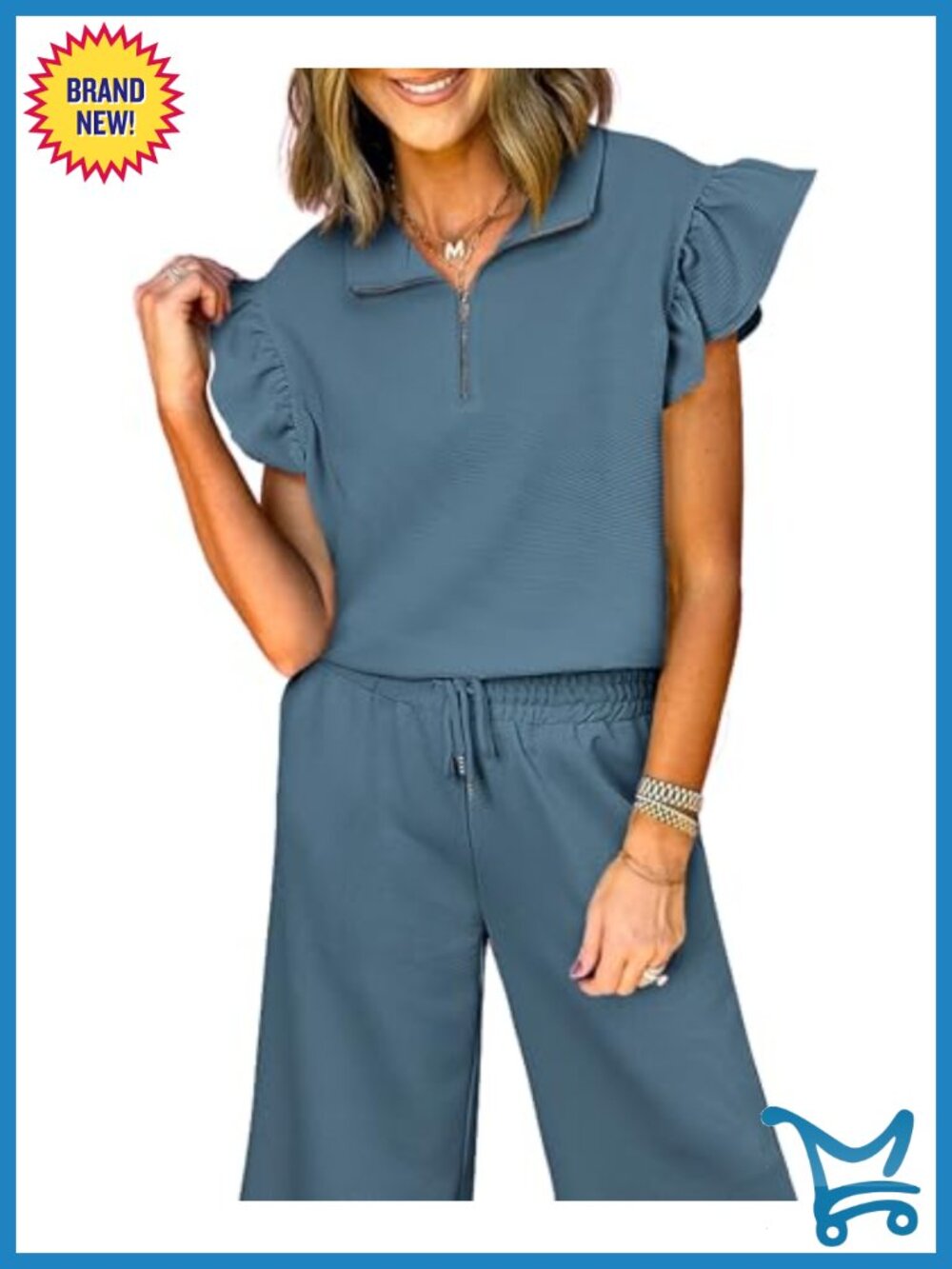 SELINK Women's Two Piece Lounge Set Ruffle Zip Top Wide Leg Pants Polyester